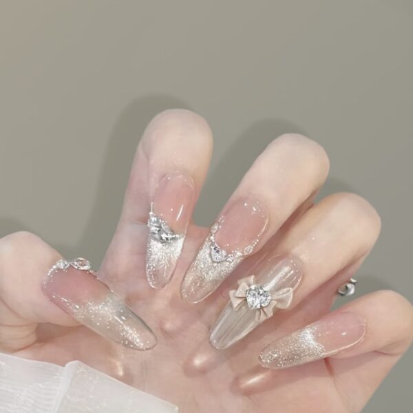 Champagne Crystal Bow Press-On Nails | Bridal Elegance Series
