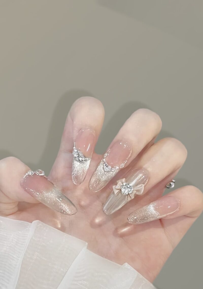 Champagne Crystal Bow Press-On Nails | Bridal Elegance Series