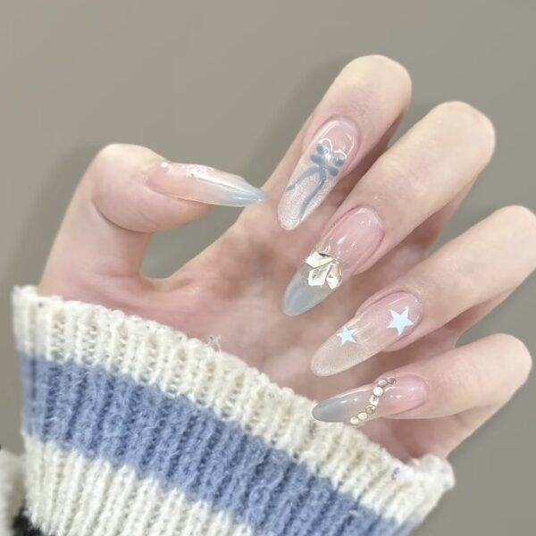 Blue Stardust & Ribbon Press-On Nails | Winter Gift Series