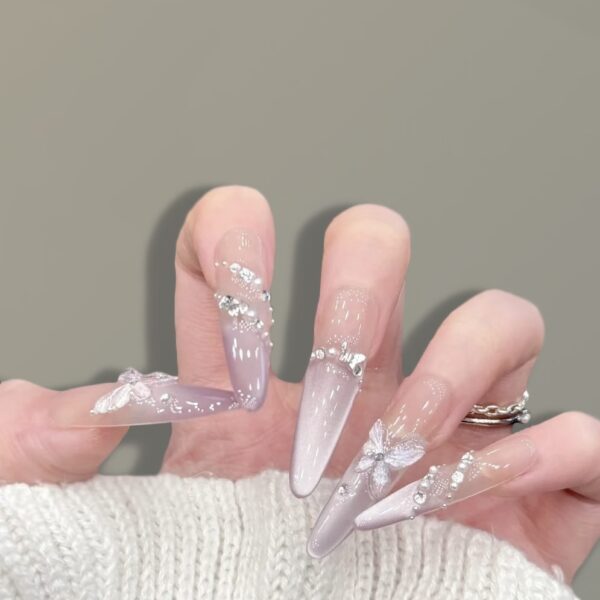 Lilac Butterfly Crystal Press-On Nails | Frosted Elegance Series