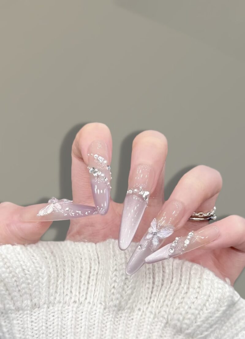 Lilac Butterfly Crystal Press-On Nails | Frosted Elegance Series