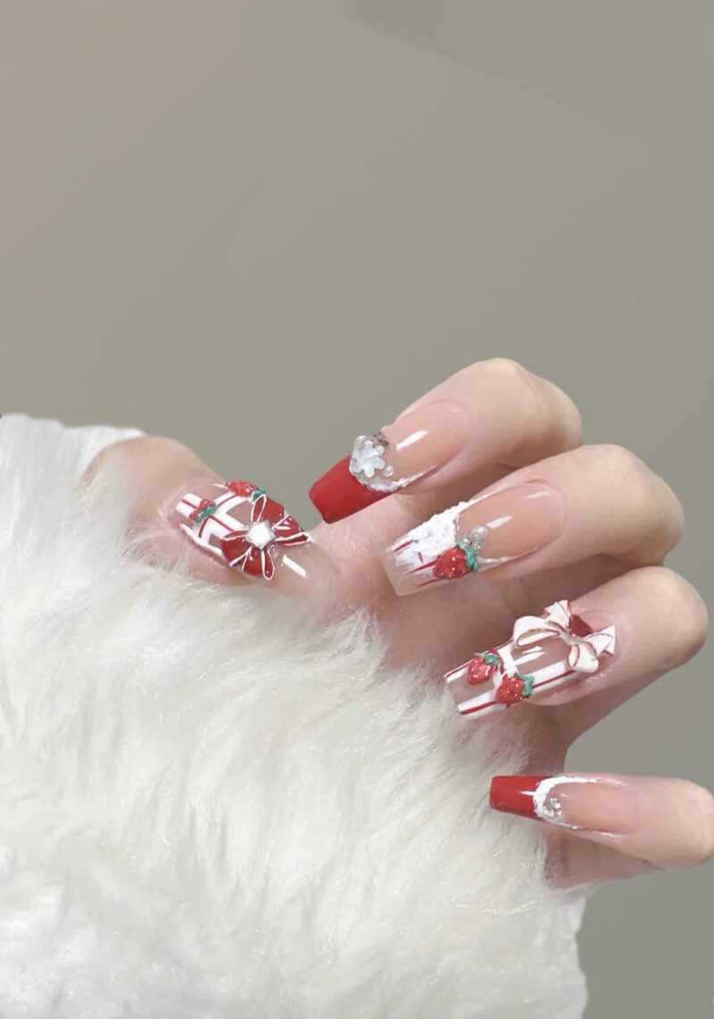 Strawberry Candy Cane Press-On Nails | Holiday Treats Collection