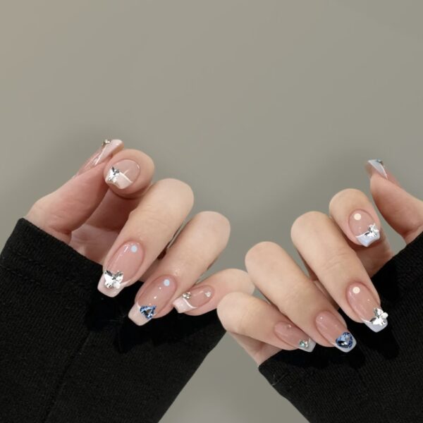 Crystal Bow Elegance | Blue & White French Tip Press-On Nails