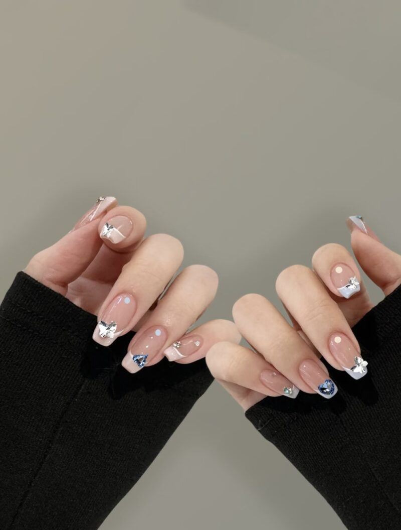 Crystal Bow Elegance | Blue & White French Tip Press-On Nails