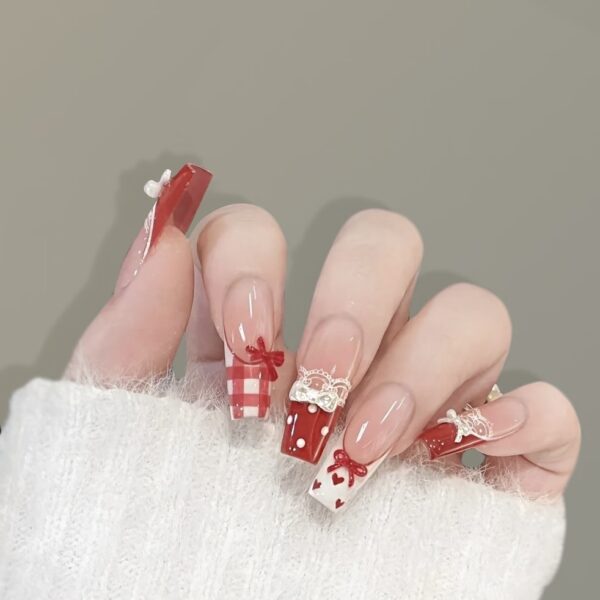 Lace Valentine | Red Gingham & Lace Press-On Nails