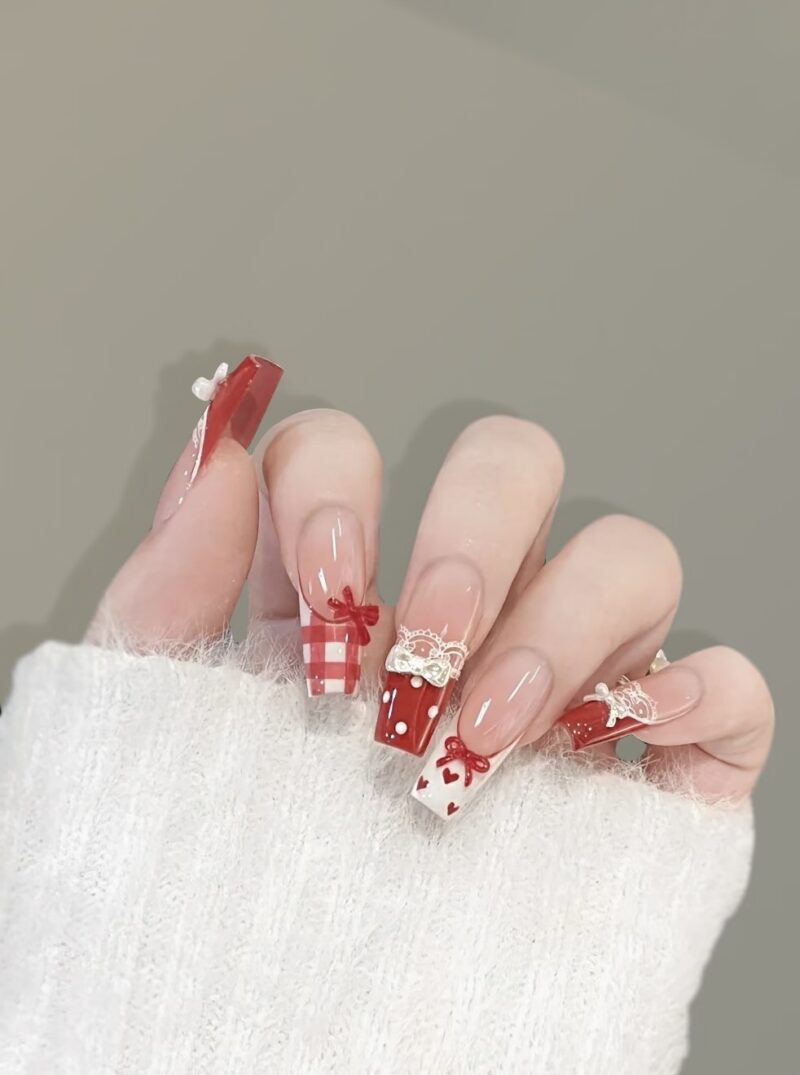 Lace Valentine | Red Gingham & Lace Press-On Nails