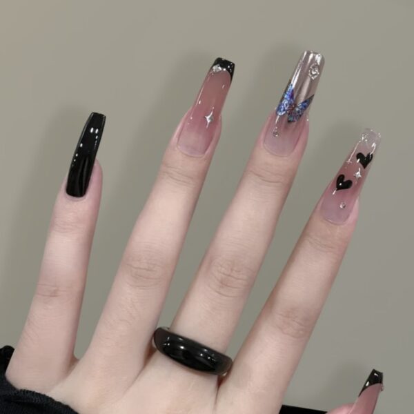 Noir Whisper | Black Butterfly & Heart Chrome Nails