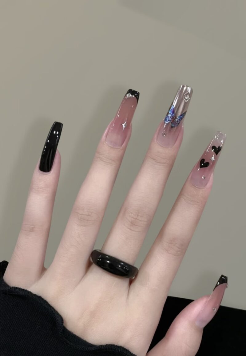 Noir Whisper | Black Butterfly & Heart Chrome Nails