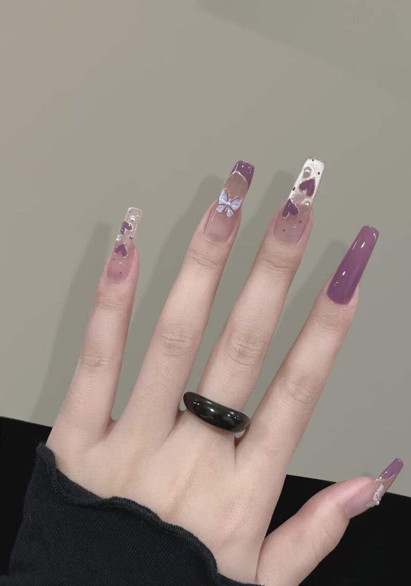 Purple Hearts & Butterfly Press-On Nails | Fantasy Love Series
