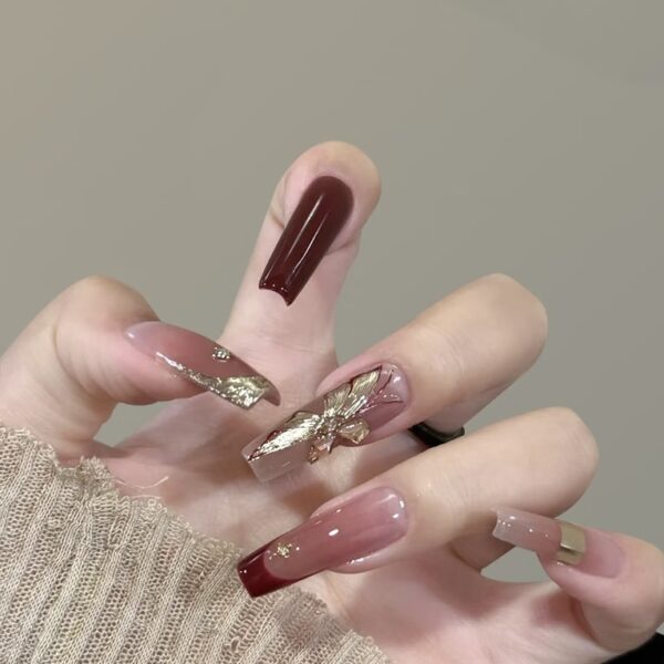 Wine Red & Gold Leaf Press-On Nails | Luxe Autumn Bloom Series