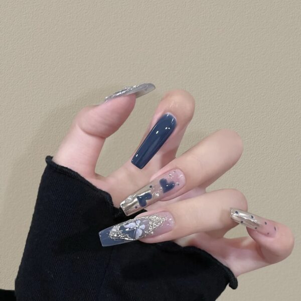 Midnight Blue Heart & Floral Press-On Nails | Enchanted Elegance Series