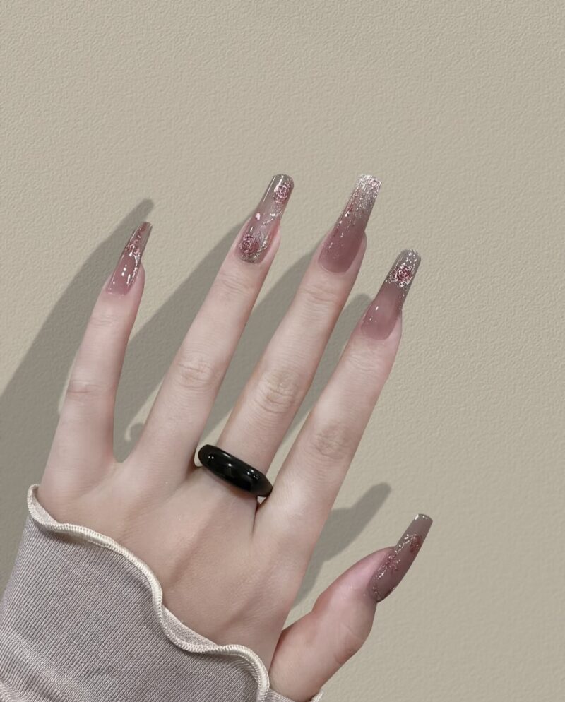 Rose Glitter Ombre Press-On Nails | Romantic Bloom Series