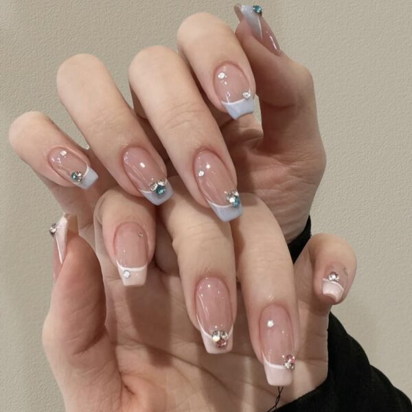 French Glitter Gem Press-On Nails | Elegant Crystal Series