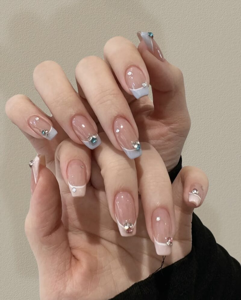 French Glitter Gem Press-On Nails | Elegant Crystal Series