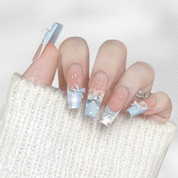 Pastel Blue Bow & Lace Press-On Nails | Sweet Lolita Series