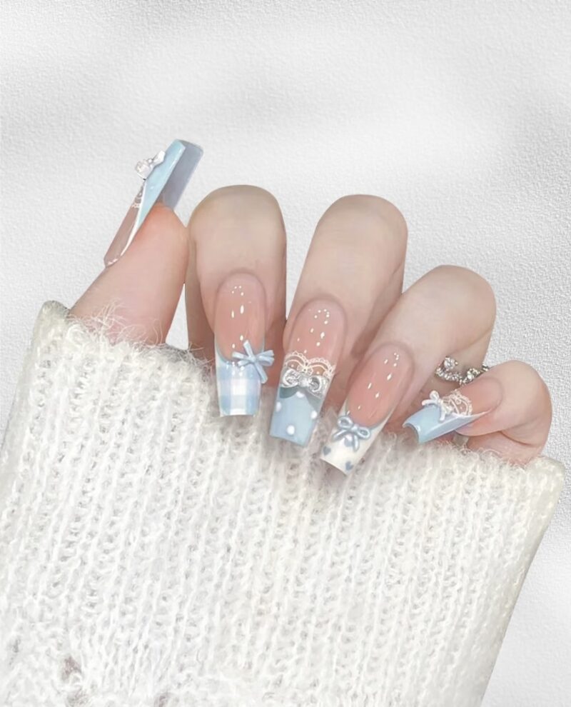 Pastel Blue Bow & Lace Press-On Nails | Sweet Lolita Series
