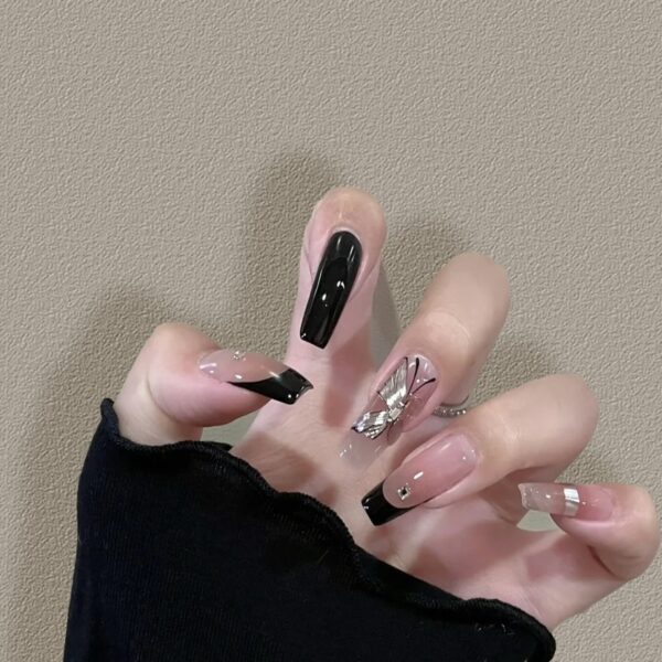 Black French & Butterfly Accent Press-On Nails | Chic Noir Series