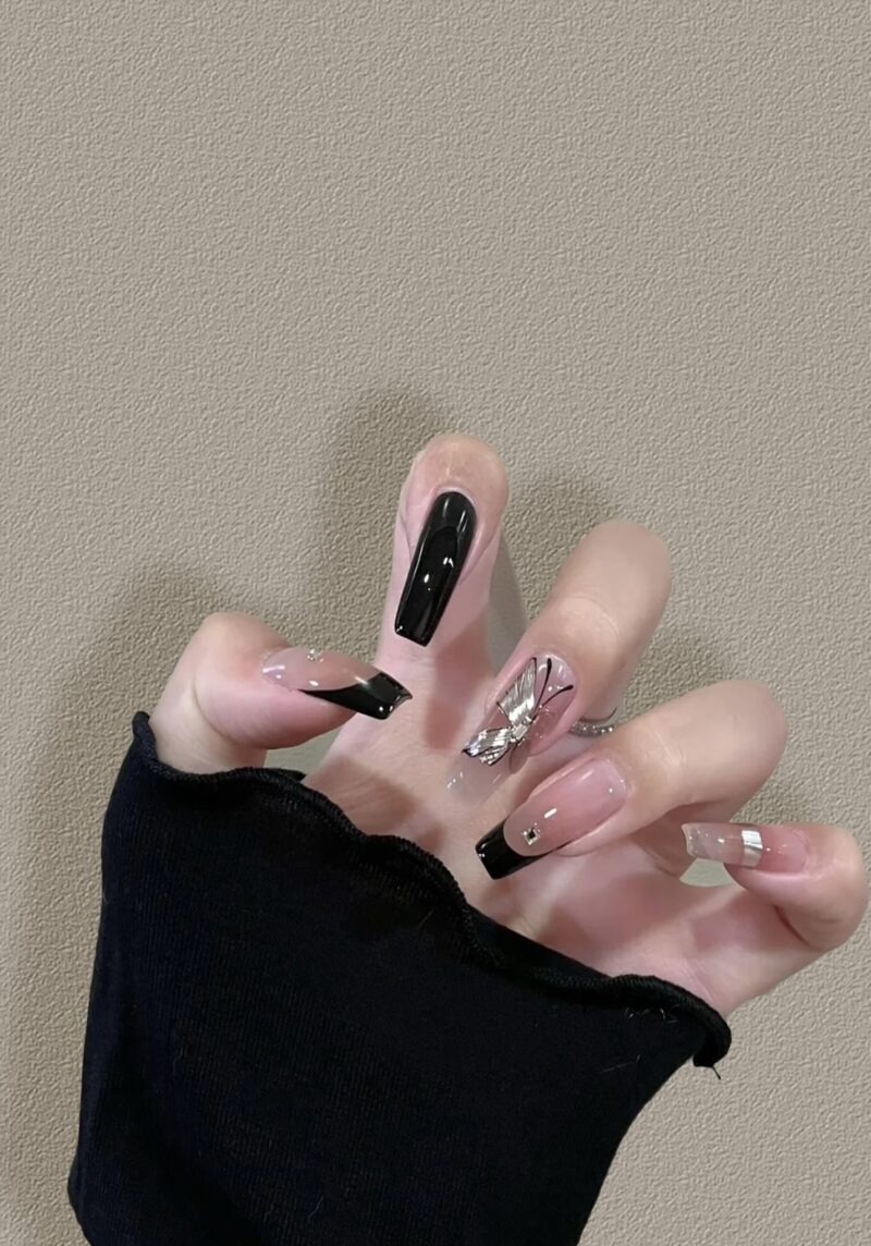 Black French & Butterfly Accent Press-On Nails | Chic Noir Series